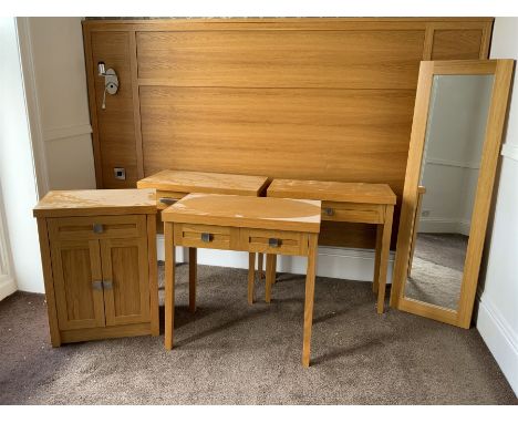 Three light oak side tables, two door cupboard and wall mirror- LOT SUBJECT TO VAT ON THE HAMMER PRICE - To be collected by a