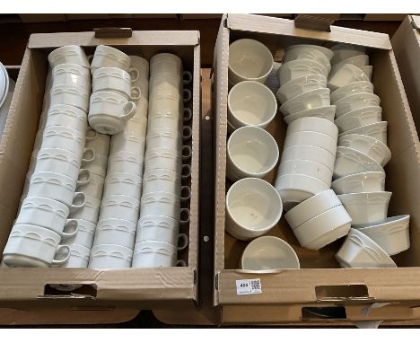 White ceramic sugar and soup bowls, tea cups and saucers, in four boxes- LOT SUBJECT TO VAT ON THE HAMMER PRICE - To be colle