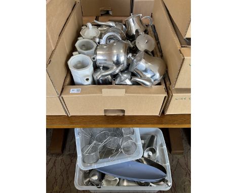 Quantity of ceramic and stainless tea pots, sauce boats, chip servers, in three boxes- LOT SUBJECT TO VAT ON THE HAMMER PRICE