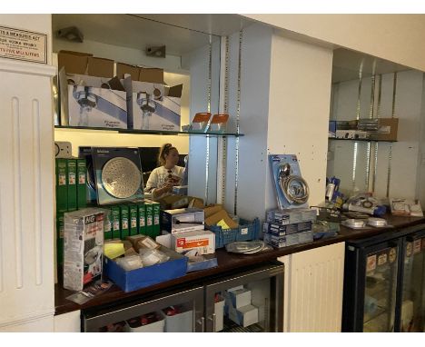 Collection of surplus maintenance stock including light bulbs, shower fittings, smoke alarms, electrical fittings and other. 