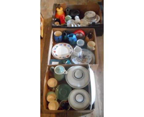 Two boxes of assorted china, to include: a Carltonware owl money box, Royal Worcester egg coddlers, a Watcombe Pottery Wideco