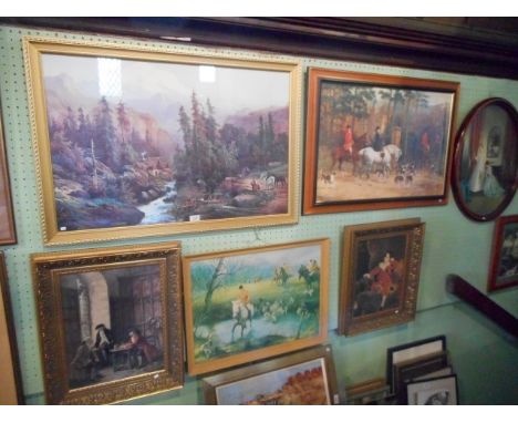 A collection of sixteen pictures and prints, various mediums, largely of hunting scenes.