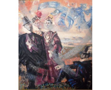 A. Morens oil on board of imposing proportions, depicting 16th century figures in a contemporary abstract scene.  This painti
