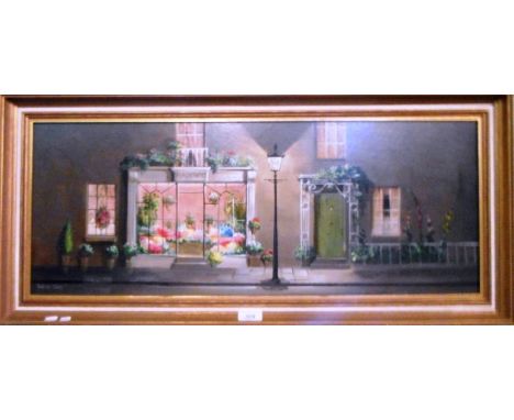 Deborah Jones, oil on board, view of a florist shop with illuminated street light, gilt framed, 29 x 75cm, bears signature to