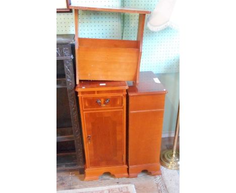 A reproduction yew wood CD cupboard, a reproduction yew wood bedside cabinet, together with a reproduction yew wood magazine 