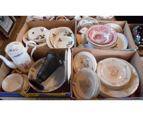 Four boxes of tableware, to include: Midwinter Stylecraft, a Royal Stafford coffee pot, a Wedgwood black trumpet vase, 'Beefe