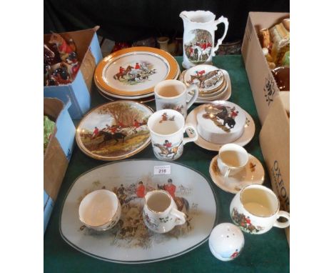 A quantity of teawares and a glass dish, all with a hunting scene, various makers.