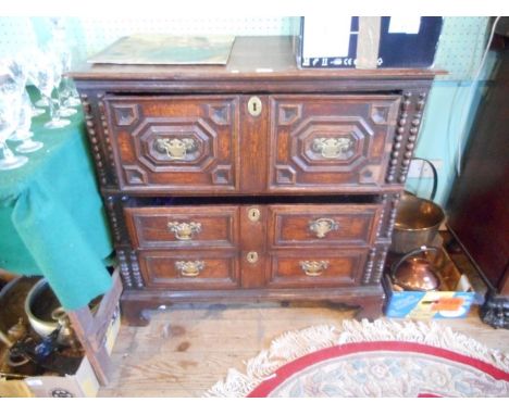 A 19th century and later oak chest, having a molded bonnet drawer above two other moulded drawers, standing on ogee bracket f