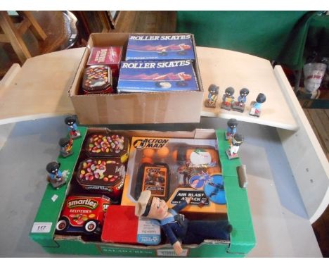 Two boxes containing a quantity of toys, to include: two M.V. Flyer Junior Roller Skates (unused), a Robertson jam advertisin