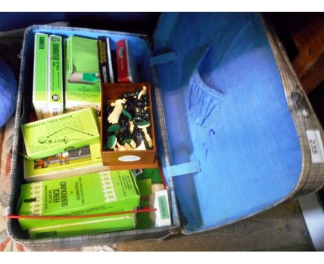 A suitcase containing a quantity of play worn Subbuteo teams and other items, together with a chess set and a small quantity 