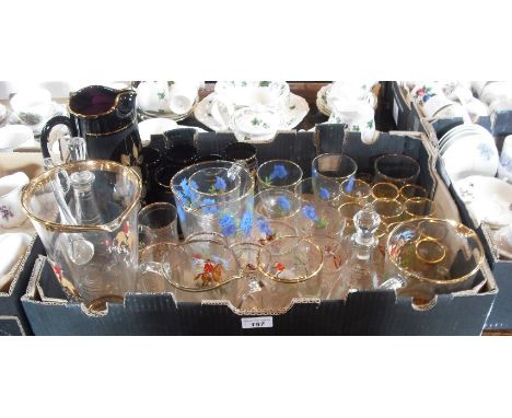 A quantity of glassware, largely with fox hunting scenes, to include: jugs, glasses and a decanter, together with a coloured 