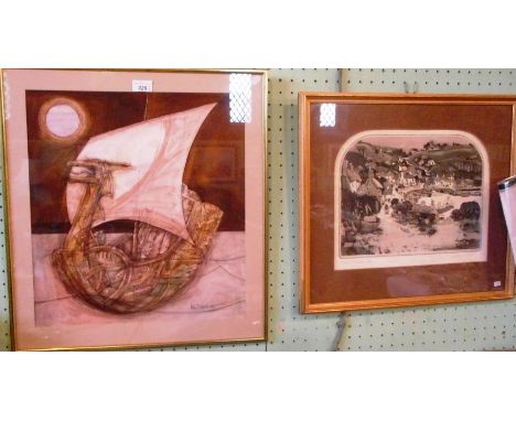 Graham Clarke, Porth St Ruan, a limited edition print (77/100), a fishing harbour and surrounding countryside in a gilt glaze