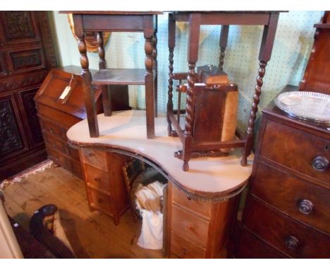 A pine kidney shaped pedestal dressing table, together with two occasional tables, an upholstered stool and a set of dressing