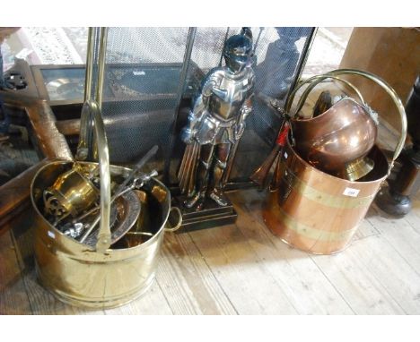 A large quantity of brass, copper and other metal wares, including: log bins, coal bins, fire guard, hunting horn and other i