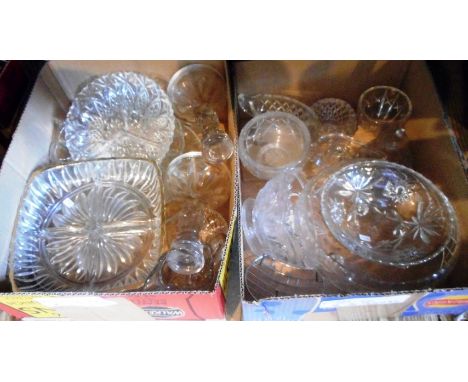 Two boxes containing various items of pressed glassware, to include: hors d'oeuvre dishes, candlestick, fruit bowls and other