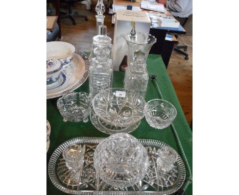 A boxed Sharon decanter by Dartington, together with other decanters, bowls and a dressing table set.