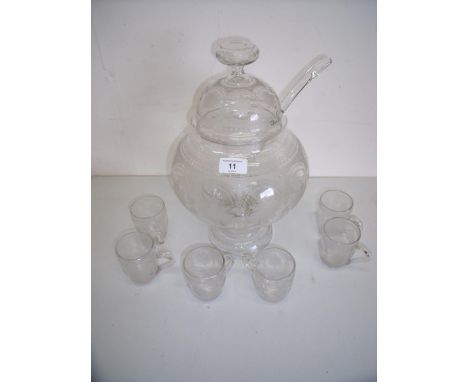 Edwardian quality glass punch bowl, ladle and set of six cups with engraved detail 