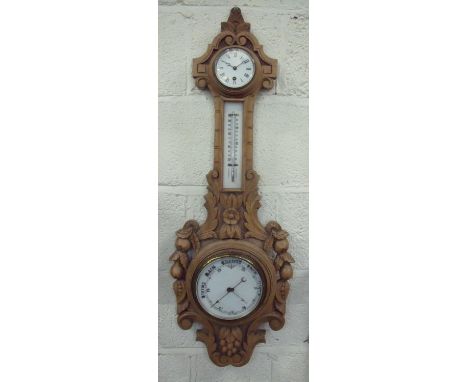 Late Victorian heavily carved framed combination wall clock barometer with white enamel dials patent no. 16538 (length 91cm) 