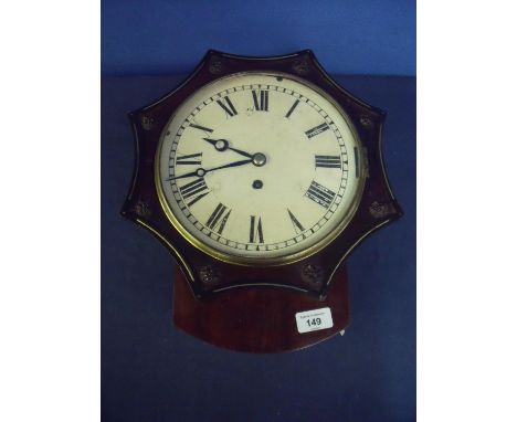 19th C drop dial mahogany cased wall clock with star shaped frame to the case, with brass inlay, carved roundels and single f