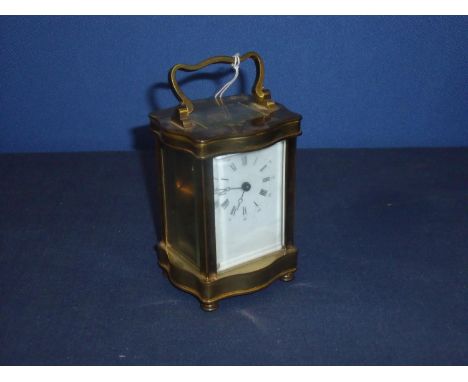 French 20th C brass cased carriage clock with white enamel dial, lever platform escapement movement stamped L'epre Made in Fr