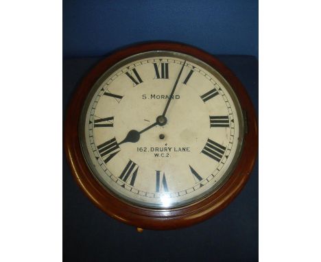 Mahogany cased single fusee school type wall clock, the dial marked S. Morand 160 Drury Lane W.C.2 (diameter 40cm) 
