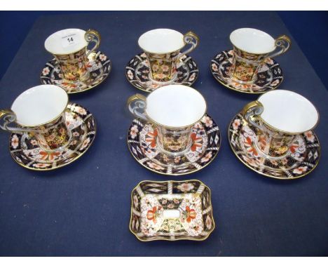 Six place Royal Crown Derby, 2451 pattern, set of coffee cans and saucers (1 can A/F) and matching pin dish (A/F) 