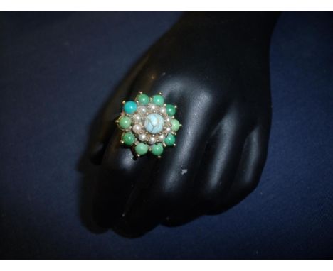 9ct gold turquoise and seed pearl flower head cluster ring 