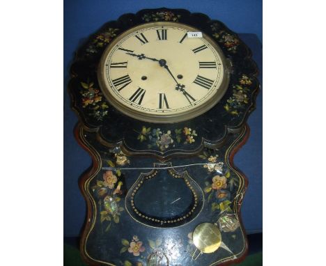 Drop dial wall clock with plain dial and lacquer case with painted and Mother of Pearl detail 