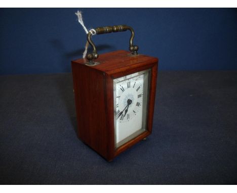 Late 19th C walnut cased carriage clock with white enamel dial and cylinder escapement (A/F) 