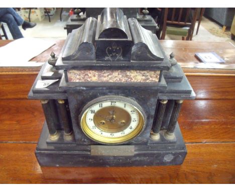 Late 19th C black slate and variegated marble mantel clock of architectural form movement stamped with makers trademark Paris