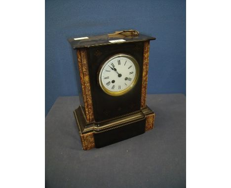 Late 19th C slate and variegated marble striking mantel clock white enamel dial, count wheel striking movement, stamped with 