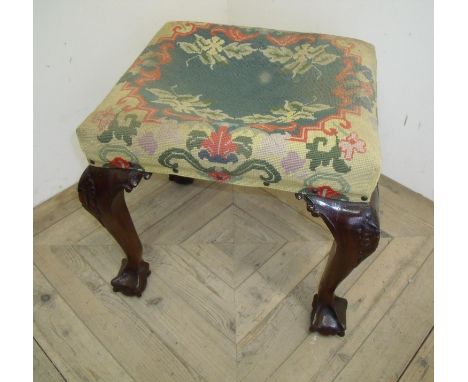 Victorian mahogany dressing table stool with woolwork upholstered top, carved detail and ball &amp; claw feet (45cm x 50cm x 