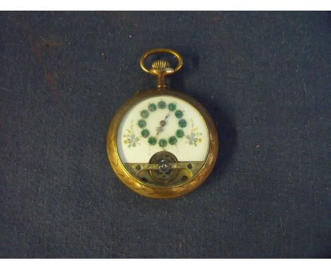 19th/20th C brass cased pocket watch with elaborately  decorated white enamel and floral pattern skeleton dial with engraved 