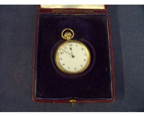 Cased ladies 18ct gold fob pocket watch with plain white enamel dial 