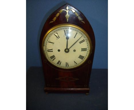 19th C mahogany and brass inlaid arch top double fusee bracket clock with plain dial, lion mask handles and brass meshwork pa