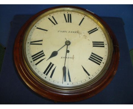 Mahogany cased single fusee school type wall clock, the dial marked John Barry London (diameter 40cm) 
