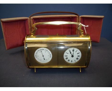 Late 19th C brass cased combination barometer and time piece ovoid cylindrical case, white enamel dials, cylinder platform es