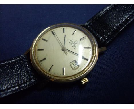 Gents 9ct gold cased Omega automatic wristwatch with black leather strap and state dial, the back case marked TOOL-106  (Omeg