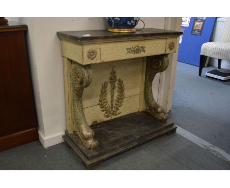 A decorative painted console table with a single drawer supported on dolphin columns.