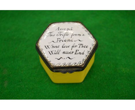 A 19th century enamel hexagonal shaped pill box 'Accept this trifle from a friend....'
