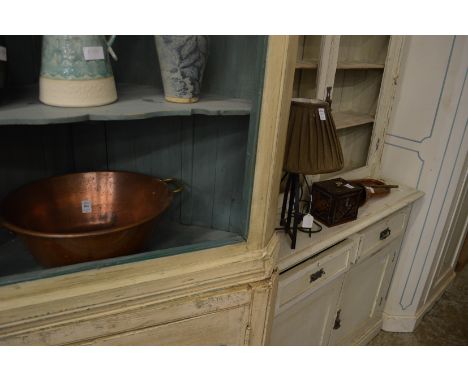A preserve pan, table lamp, tea caddy and bugle.