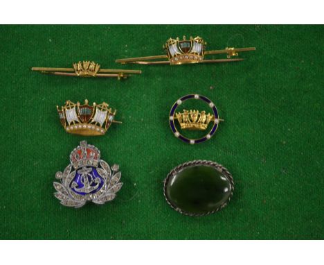 Four 14 carat gold and enamel coronet brooches and two other items.
