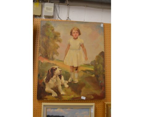 Portrait of a young girl wearing a white dress a dog by her side, oil on canvas, unframed.