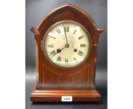 Ajn early Victorian mahogany mantel timepiece brass inlaid case with carved scrolls, 16.5cm rouynd white dial,Roman chapter, 