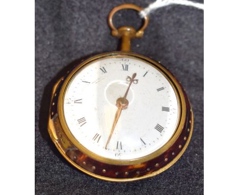 A George III tortoiseshell and pique pair cased verge fusee pocket watch, S Grigson, London, white enamelled dial,  Roman num