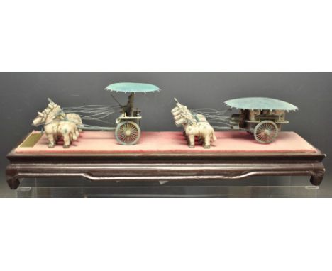 A 20th century Chinese terracotta and verdigris model, of the Emperor Qin Shi's carriage, from the Terracotta Army, hardwood 