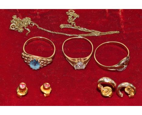 Gold and Jewellery - 9ct gold and diamond chip ring; 9ct gold chain; etc, 8.3g total 
