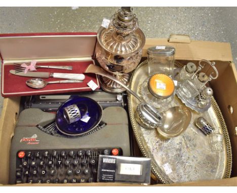 Metalware - a silver plated oil lamp, converted to electricity; dressing table jars; trays; cruet; Ronson table lighter etc; 