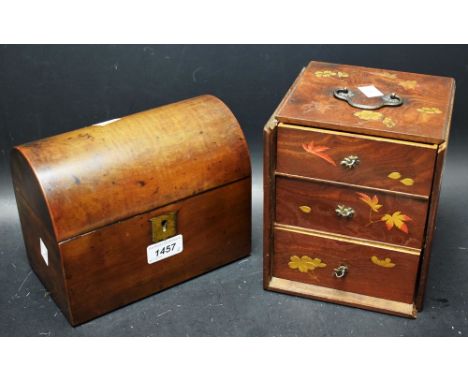 A Japanese hardwood chest of three short drawers, picked out in gilt with flowers, Meiji period ; a Victorian mahogany domed 