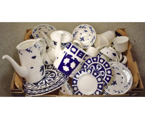 A Royal Crown Derby blue and white unfinished transfer printed teapot, coffee pot, plates, saucers, others similar (1 box)